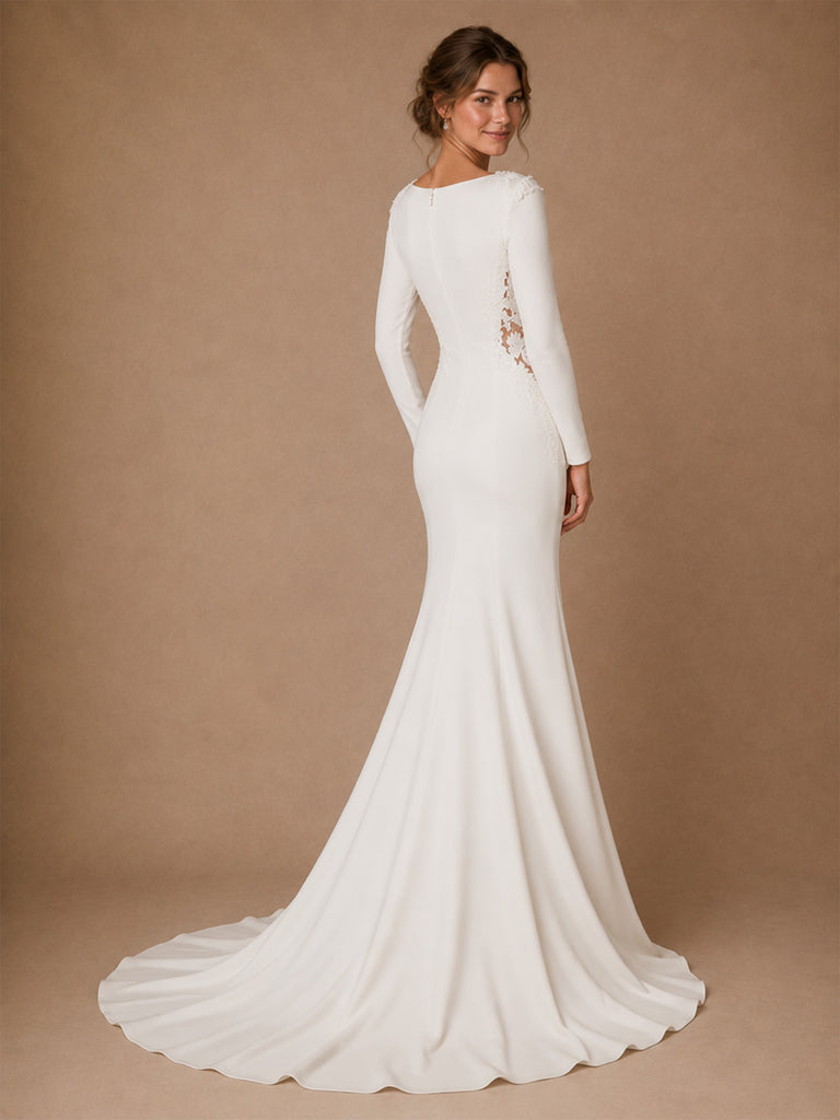 ChicSew Fancy Elegant Jewel Long Sleeves Mermaid Crepe Long Wedding Dress With Applique