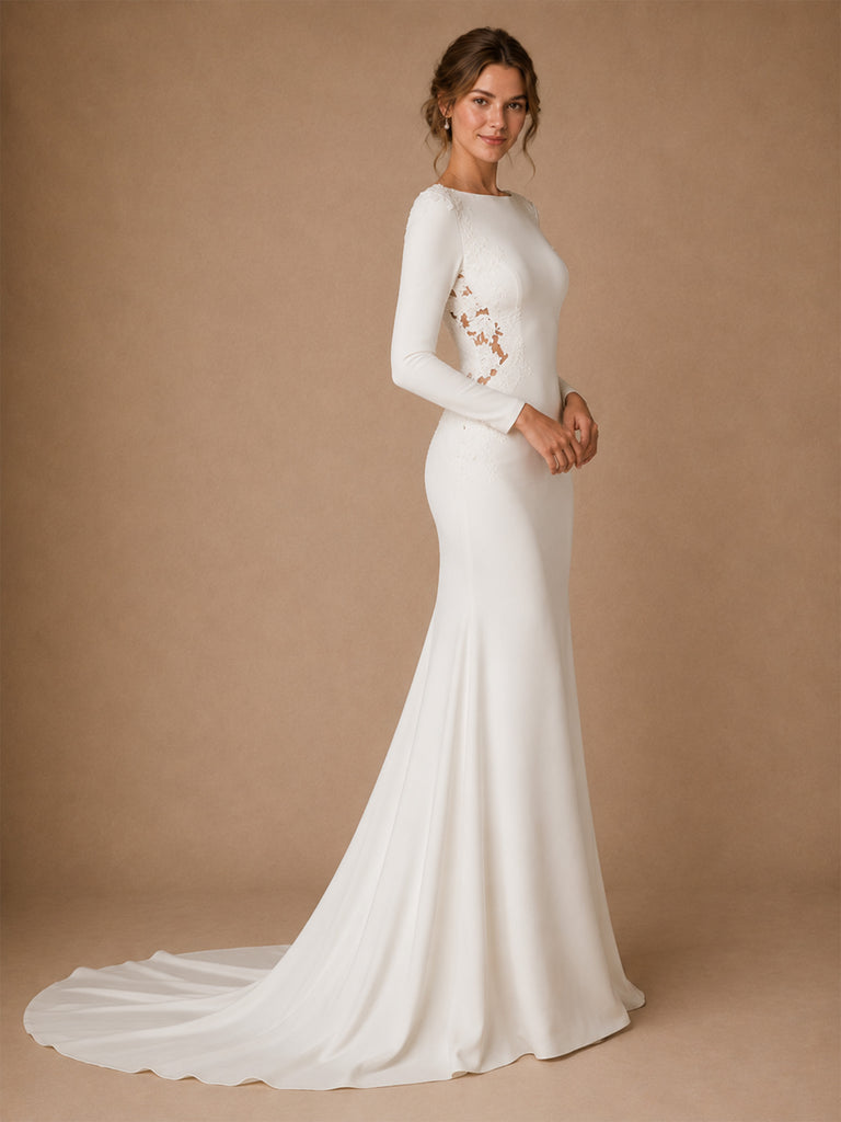 ChicSew Fancy Elegant Jewel Long Sleeves Mermaid Crepe Long Wedding Dress With Applique