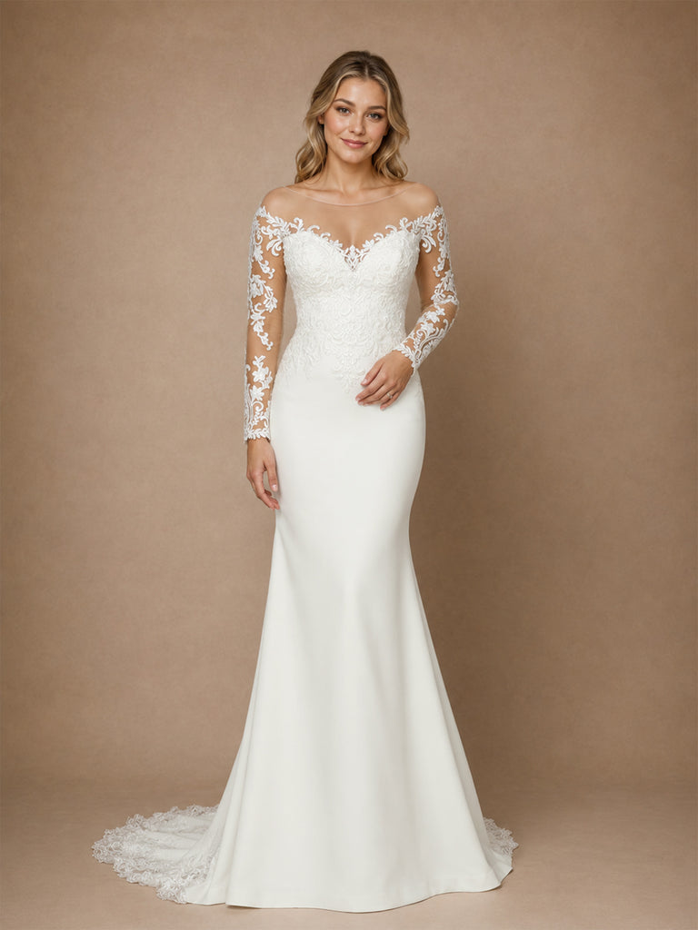 ChicSew Fancy Lace Applique Off The Shoulder Long Sleeves Crepe Mermaid Long Wedding Dresses