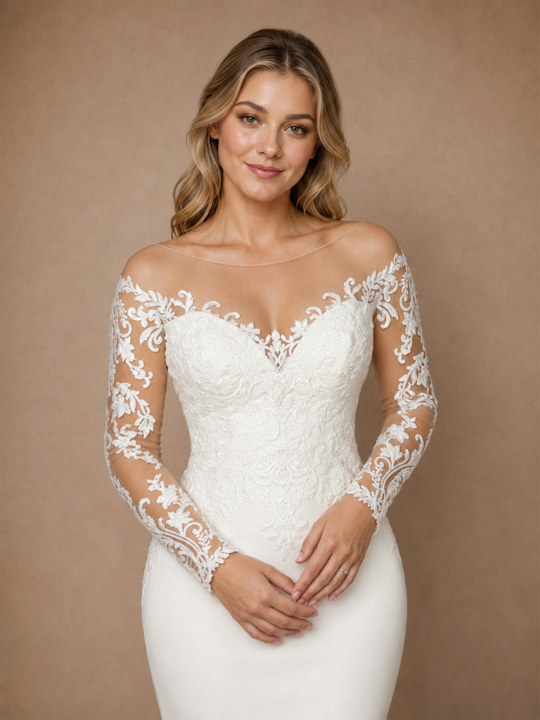 ChicSew Fancy Lace Applique Off The Shoulder Long Sleeves Crepe Mermaid Long Wedding Dresses