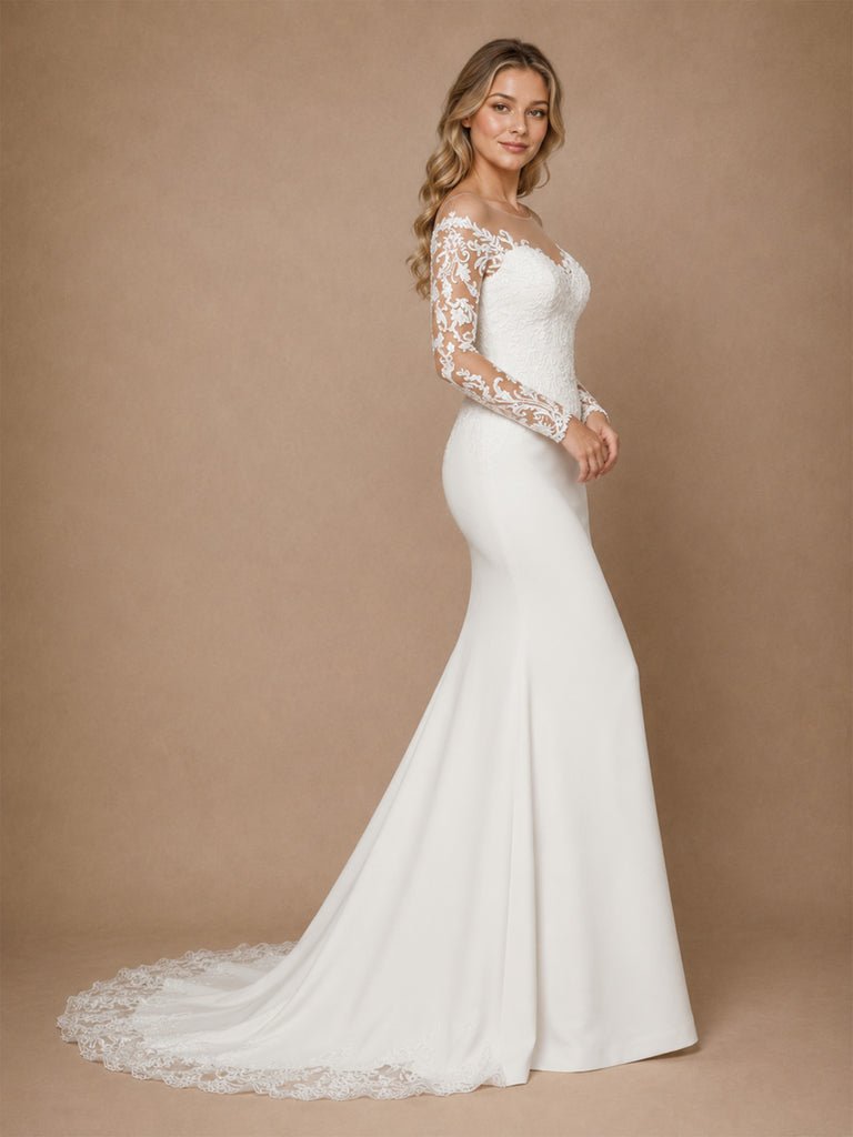 ChicSew Fancy Lace Applique Off The Shoulder Long Sleeves Crepe Mermaid Long Wedding Dresses
