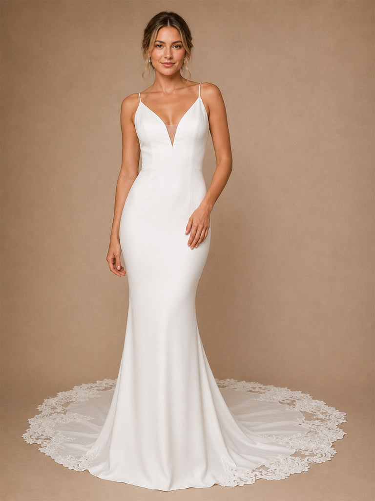 ChicSew Fancy Spaghetti Straps Crepe Mermaid Sleeveless Long Wedding Dresses With Lace Applique