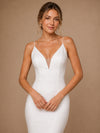 ChicSew Fancy Spaghetti Straps Crepe Mermaid Sleeveless Long Wedding Dresses With Lace Applique