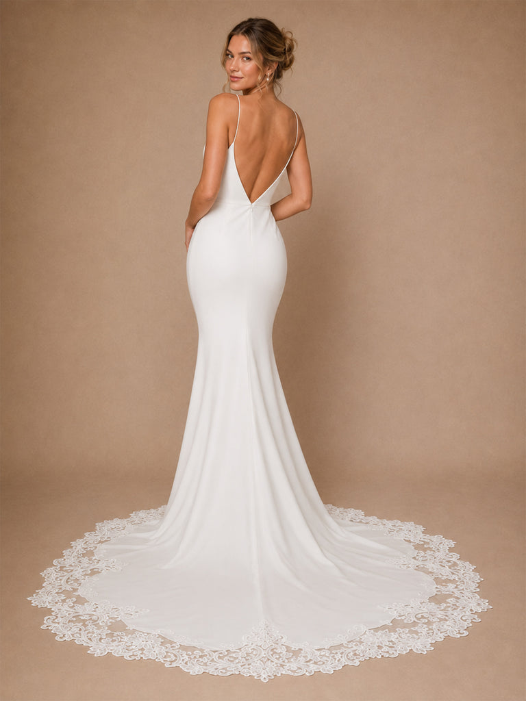 ChicSew Fancy Spaghetti Straps Crepe Mermaid Sleeveless Long Wedding Dresses With Lace Applique
