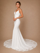 ChicSew Fancy Spaghetti Straps Crepe Mermaid Sleeveless Long Wedding Dresses With Lace Applique