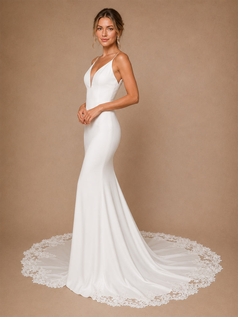 ChicSew Fancy Spaghetti Straps Crepe Mermaid Sleeveless Long Wedding Dresses With Lace Applique