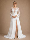 ChicSew Elegant Unique Lace Applique Illusion Long Sleeves A-Line Chiffon Maxi Wedding Dresses With Side Slit