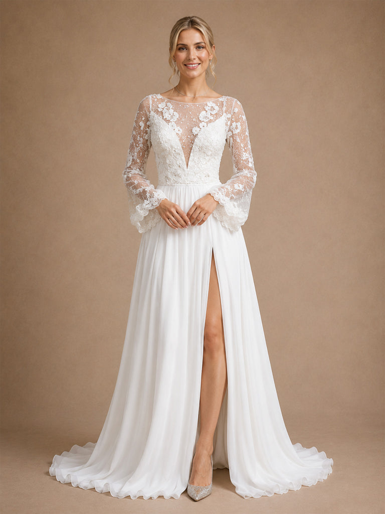 ChicSew Elegant Unique Lace Applique Illusion Long Sleeves A-Line Chiffon Maxi Wedding Dresses With Side Slit