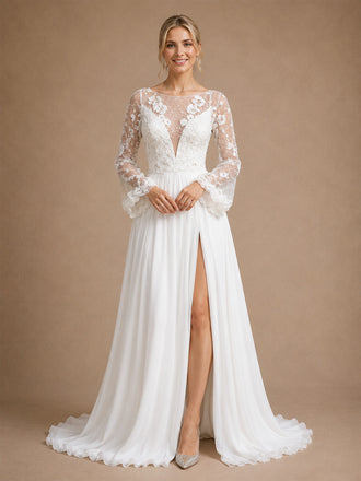 ChicSew Elegant Unique Lace Applique Illusion Long Sleeves A-Line Chiffon Maxi Wedding Dresses With Side Slit