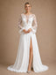 ChicSew Elegant Unique Lace Applique Illusion Long Sleeves A-Line Chiffon Maxi Wedding Dresses With Side Slit