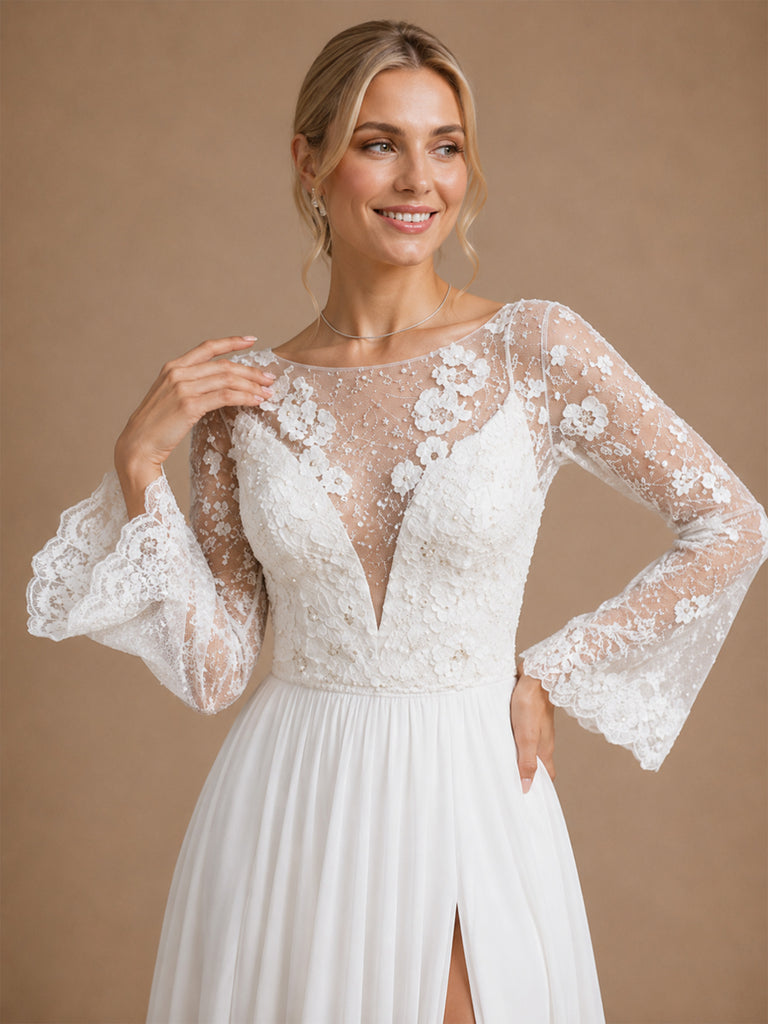 ChicSew Elegant Unique Lace Applique Illusion Long Sleeves A-Line Chiffon Maxi Wedding Dresses With Side Slit