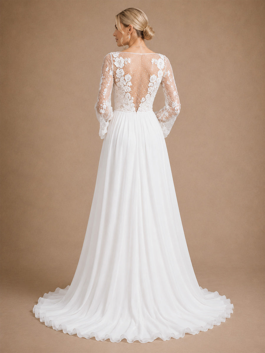 ChicSew Elegant Unique Lace Applique Illusion Long Sleeves A-Line Chiffon Maxi Wedding Dresses With Side Slit