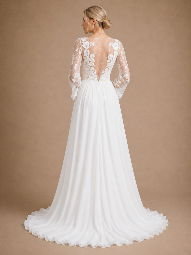 ChicSew Elegant Unique Lace Applique Illusion Long Sleeves A-Line Chiffon Maxi Wedding Dresses With Side Slit