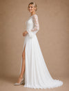 ChicSew Elegant Unique Lace Applique Illusion Long Sleeves A-Line Chiffon Maxi Wedding Dresses With Side Slit