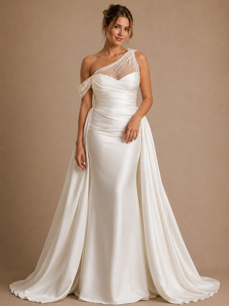 ChicSew Fancy Unique Beaded Asymmetrical Neck Mermaid Satin Wedding Dresses With Overskirt