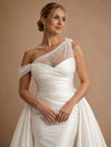 ChicSew Fancy Unique Beaded Asymmetrical Neck Mermaid Satin Wedding Dresses With Overskirt