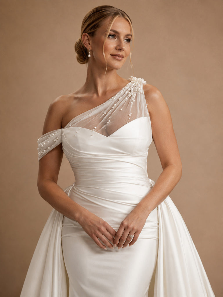 ChicSew Fancy Unique Beaded Asymmetrical Neck Mermaid Satin Wedding Dresses With Overskirt