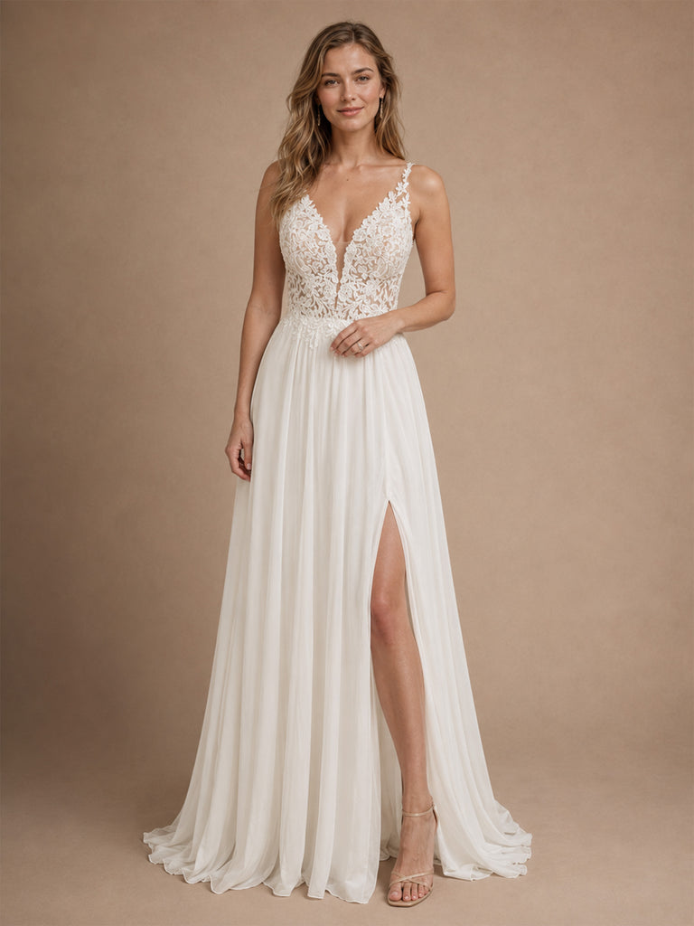 ChicSew Fancy Spaghetti Straps Chiffon Sleeveless A-Line Maxi Wedding Dresses With Side Slit