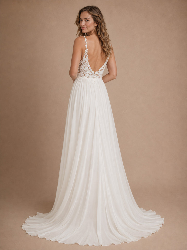 ChicSew Fancy Spaghetti Straps Chiffon Sleeveless A-Line Maxi Wedding Dresses With Side Slit