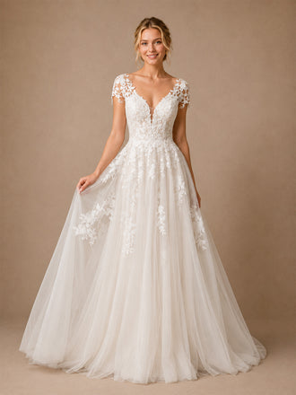 ChicSew Beautiful Fancy V-Neck Lace Applique Tulle Cap Sleeves A-Line Long Wedding Dresses