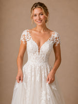 ChicSew Beautiful Fancy V-Neck Lace Applique Tulle Cap Sleeves A-Line Long Wedding Dresses