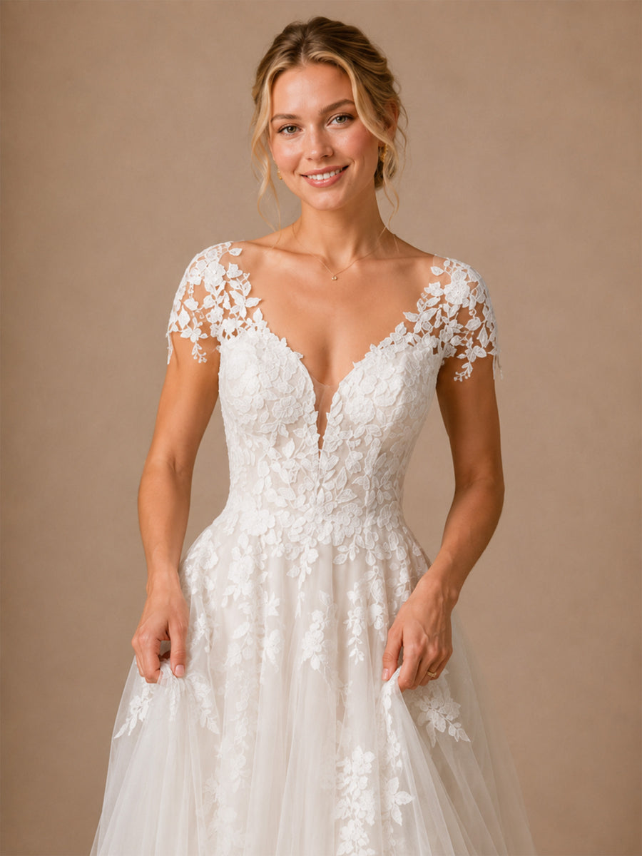 ChicSew Beautiful Fancy V-Neck Lace Applique Tulle Cap Sleeves A-Line Long Wedding Dresses