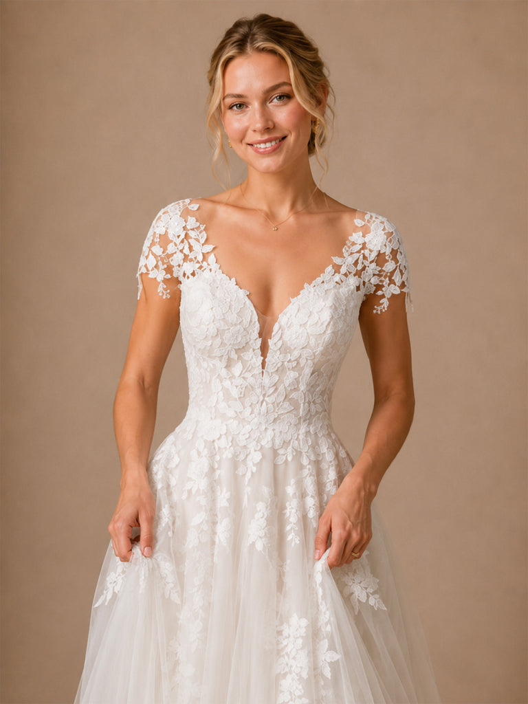 ChicSew Beautiful Fancy V-Neck Lace Applique Tulle Cap Sleeves A-Line Long Wedding Dresses