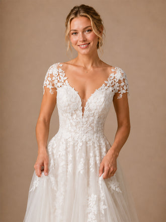 ChicSew Beautiful Fancy V-Neck Lace Applique Tulle Cap Sleeves A-Line Long Wedding Dresses