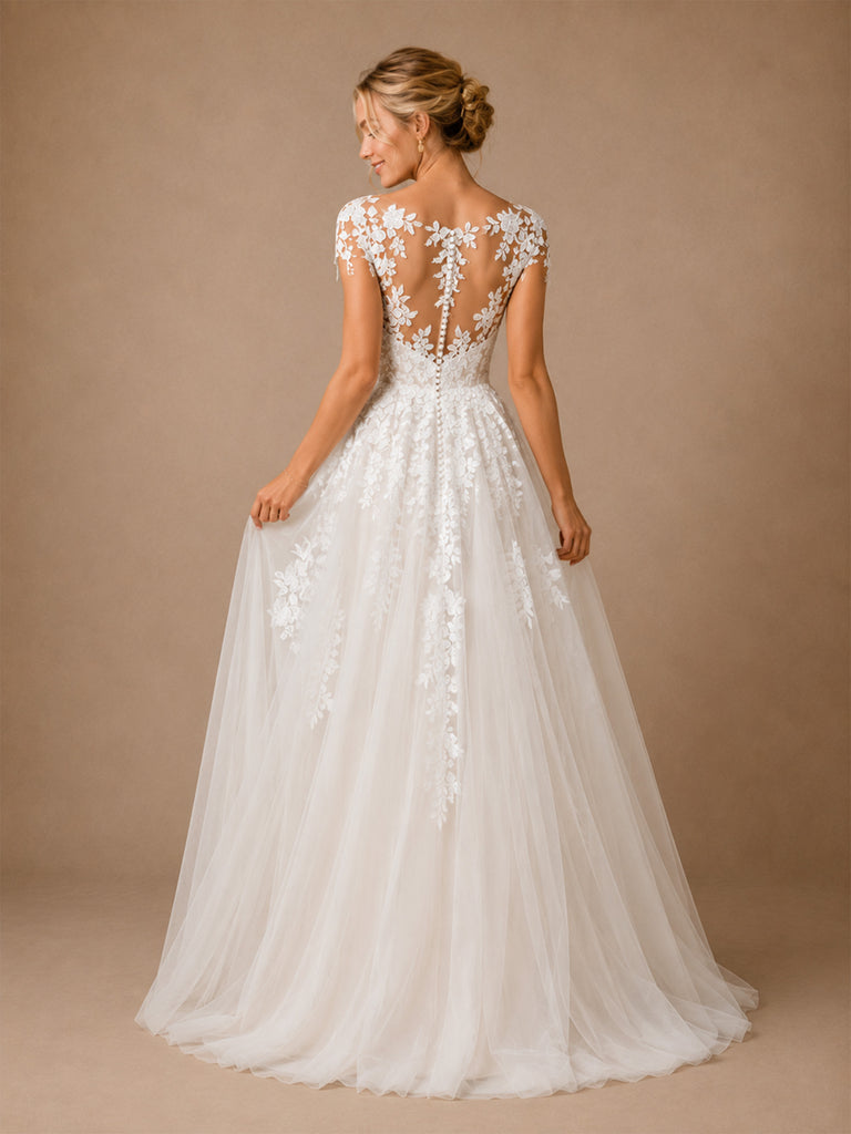 ChicSew Beautiful Fancy V-Neck Lace Applique Tulle Cap Sleeves A-Line Long Wedding Dresses