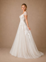 ChicSew Beautiful Fancy V-Neck Lace Applique Tulle Cap Sleeves A-Line Long Wedding Dresses