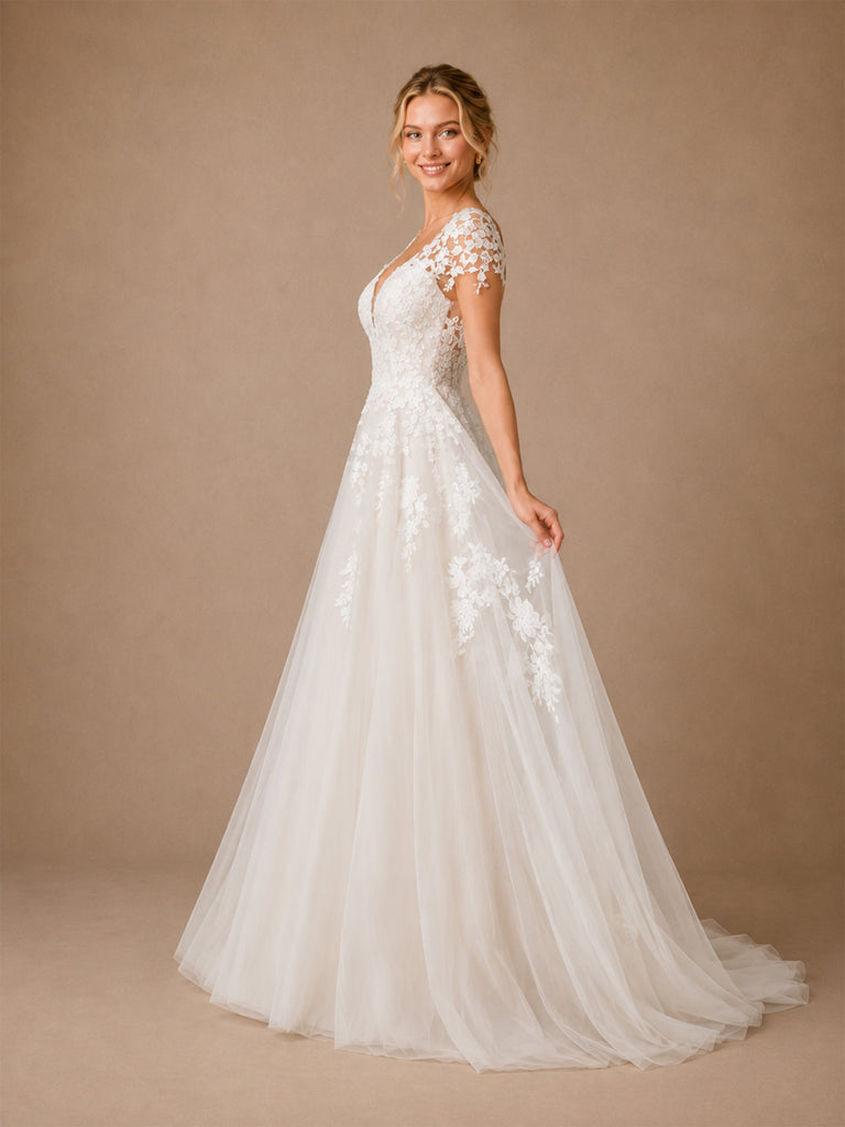 ChicSew Beautiful Fancy V-Neck Lace Applique Tulle Cap Sleeves A-Line Long Wedding Dresses