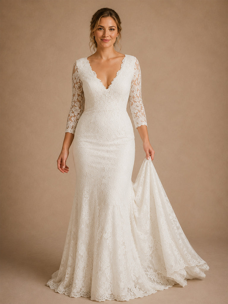 ChicSew Beautiful Fancy V-Neck Mermaid Lace Applique Tulle 3/4 Sleeves Long Wedding Dresses