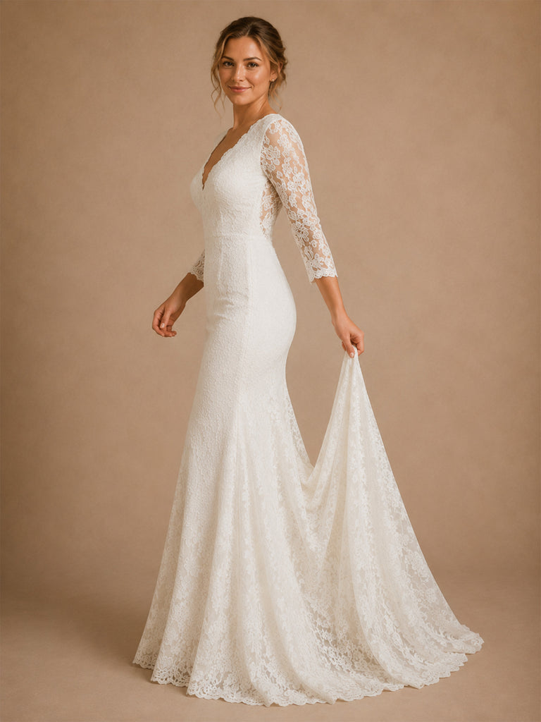 ChicSew Beautiful Fancy V-Neck Mermaid Lace Applique Tulle 3/4 Sleeves Long Wedding Dresses