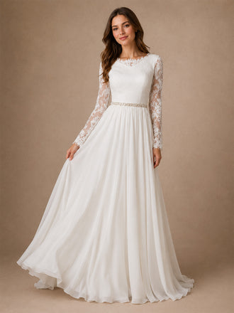 ChicSew Elegant Pretty Chiffon V-Neck Long Sleeves A-Line Pleated Maxi Wedding Dresses With Applique