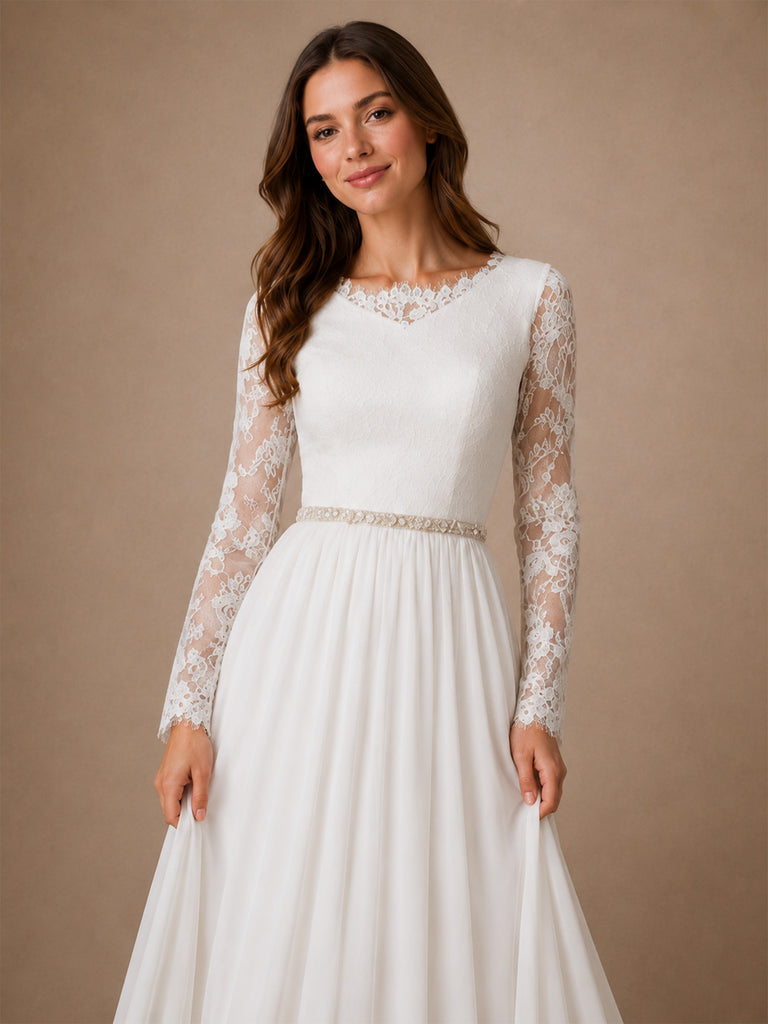 ChicSew Elegant Pretty Chiffon V-Neck Long Sleeves A-Line Pleated Maxi Wedding Dresses With Applique