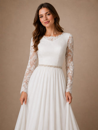 ChicSew Elegant Pretty Chiffon V-Neck Long Sleeves A-Line Pleated Maxi Wedding Dresses With Applique