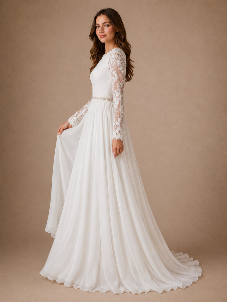 ChicSew Elegant Pretty Chiffon V-Neck Long Sleeves A-Line Pleated Maxi Wedding Dresses With Applique