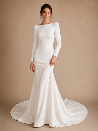 ChicSew Fancy Elegant Jewel Long Sleeves Mermaid Crepe Open Back Long Wedding Dress