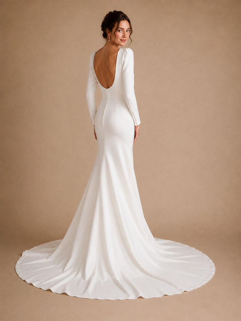 ChicSew Fancy Elegant Jewel Long Sleeves Mermaid Crepe Open Back Long Wedding Dress