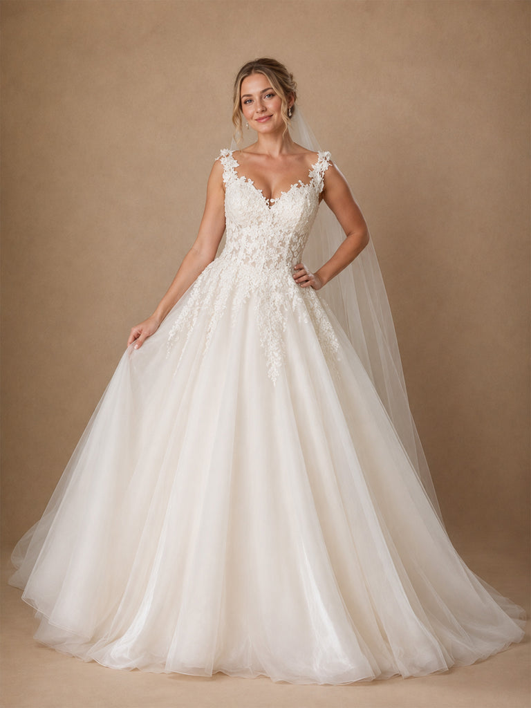 ChicSew Romantic V-Neck Lace Appliques Tulle A-Line Boning Long Wedding Dresses