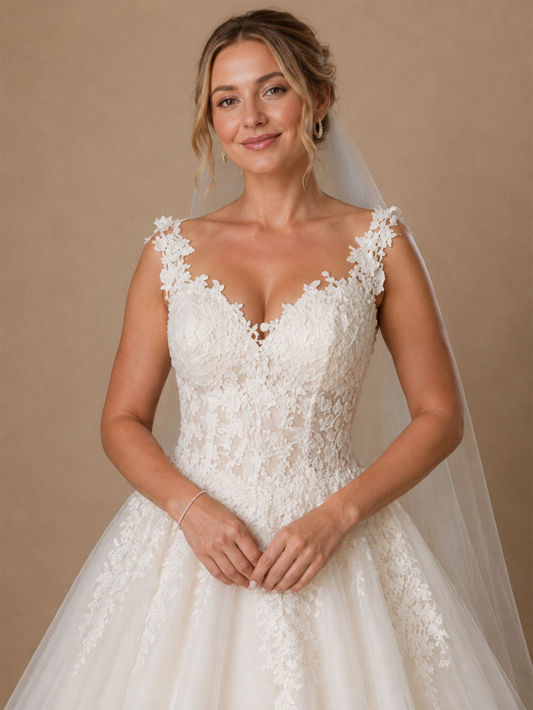 ChicSew Romantic V-Neck Lace Appliques Tulle A-Line Boning Long Wedding Dresses