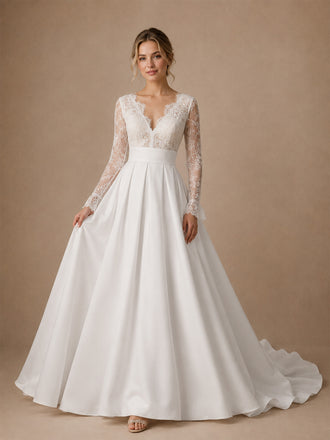 ChicSew Elegant Unique Lace V-Neck Long Sleeves Satin A-Line Long Wedding Dresses