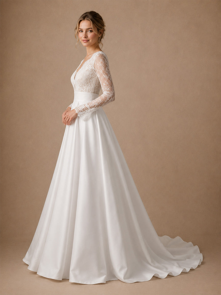 ChicSew Elegant Unique Lace V-Neck Long Sleeves Satin A-Line Long Wedding Dresses