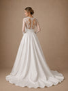 ChicSew Elegant Unique Lace V-Neck Long Sleeves Satin A-Line Long Wedding Dresses