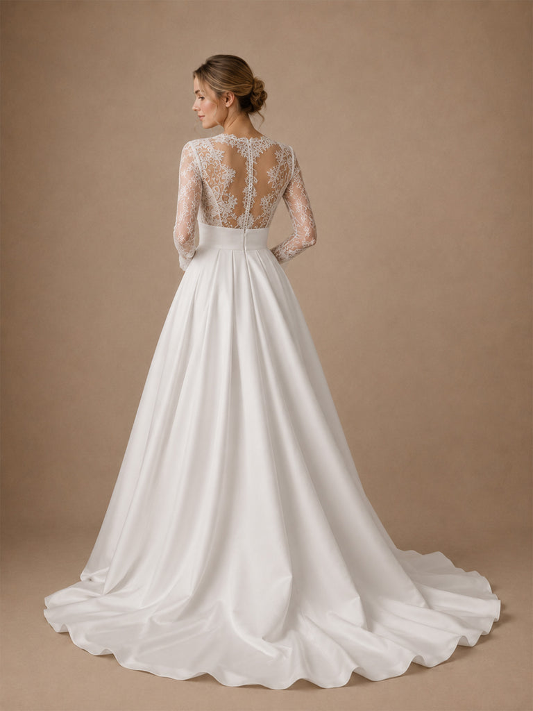 ChicSew Elegant Unique Lace V-Neck Long Sleeves Satin A-Line Long Wedding Dresses