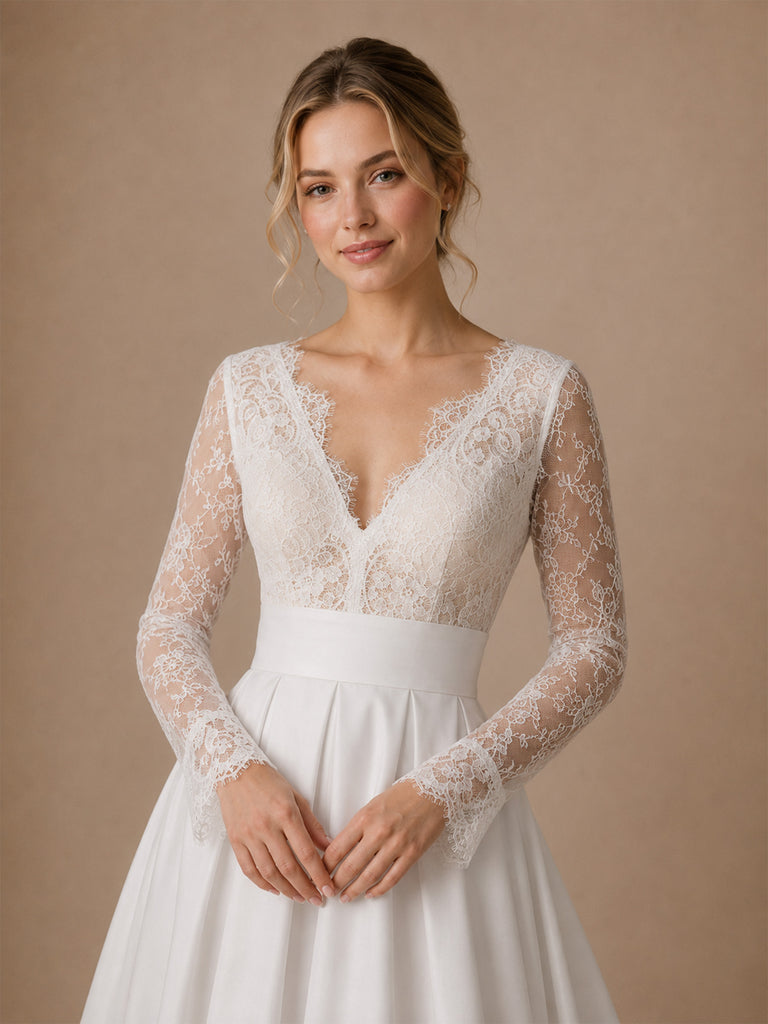 ChicSew Elegant Unique Lace V-Neck Long Sleeves Satin A-Line Long Wedding Dresses