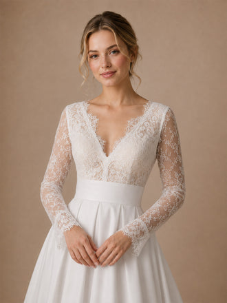 ChicSew Elegant Unique Lace V-Neck Long Sleeves Satin A-Line Long Wedding Dresses
