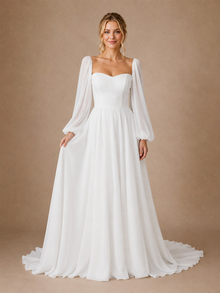 ChicSew Elegant Long Sleeves Chiffon A-Line Floor-Length Wedding Dresses With Pleats