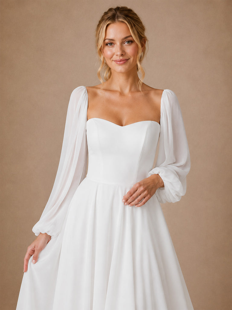 ChicSew Elegant Long Sleeves Chiffon A-Line Floor-Length Wedding Dresses With Pleats