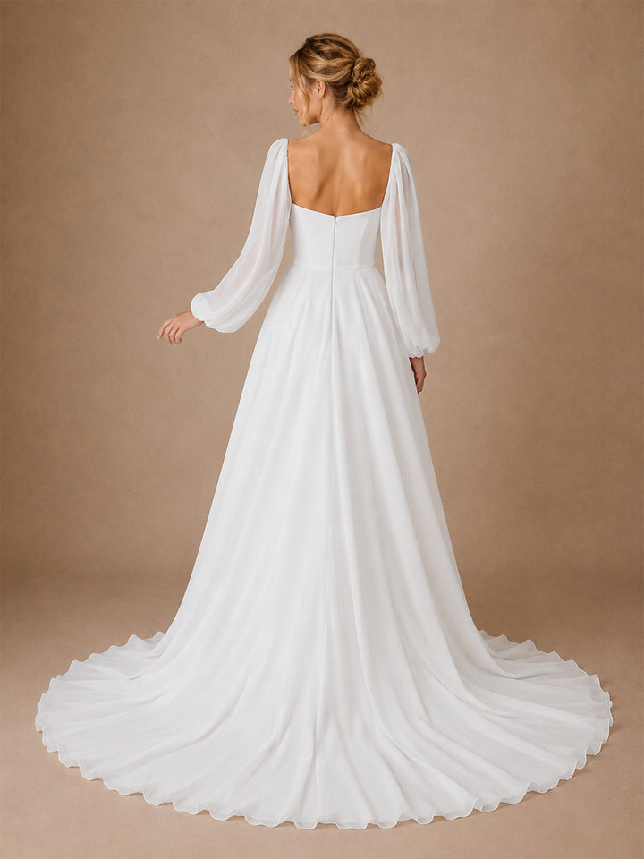 ChicSew Elegant Long Sleeves Chiffon A-Line Floor-Length Wedding Dresses With Pleats